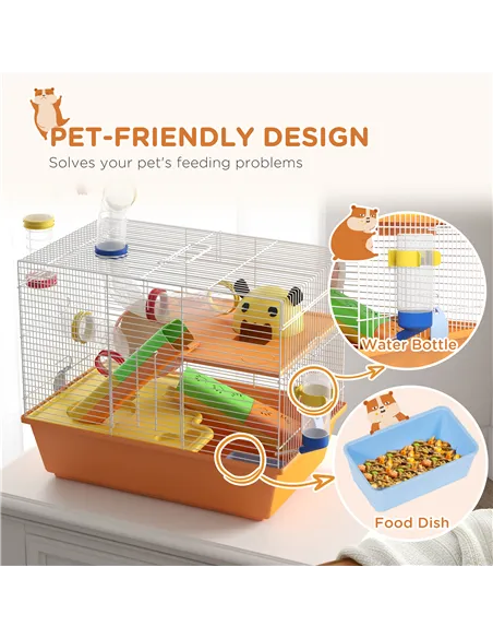 PawHut 3 Tiers Gerbil Cage, Hamster Cage with Tubes, Exercise Wheel, Ladder, Top Handle, 45 x 28 x 37cm - Orange