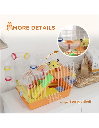 PawHut 3 Tiers Gerbil Cage, Hamster Cage with Tubes, Exercise Wheel, Ladder, Top Handle, 45 x 28 x 37cm - Orange