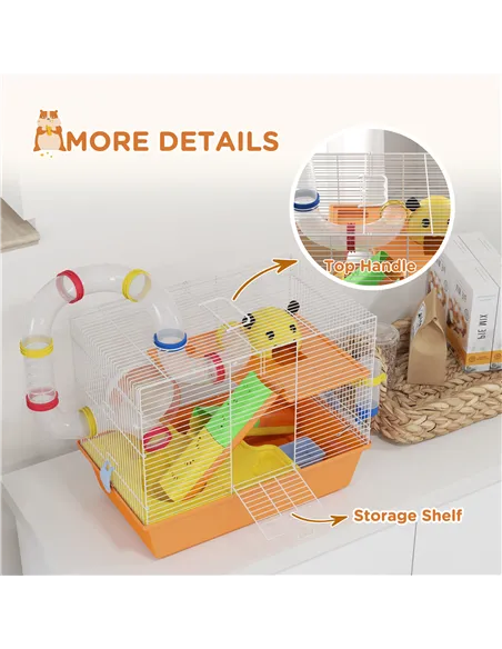 PawHut 3 Tiers Gerbil Cage, Hamster Cage with Tubes, Exercise Wheel, Ladder, Top Handle, 45 x 28 x 37cm - Orange