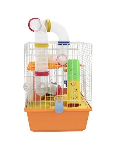 PawHut 3 Tiers Gerbil Cage, Hamster Cage with Tubes, Exercise Wheel, Ladder, Top Handle, 45 x 28 x 37cm - Orange