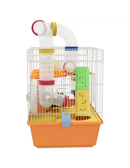 PawHut 3 Tiers Gerbil Cage, Hamster Cage with Tubes, Exercise Wheel, Ladder, Top Handle, 45 x 28 x 37cm - Orange