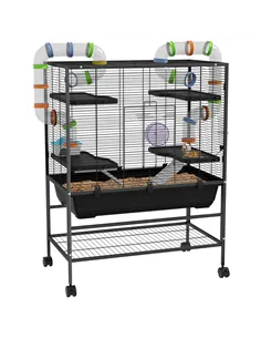 PawHut Large Hamster Cage, Gerbil Cage with Tubes, Storage Shelf, Ramps, Platforms, Running Wheel - Black