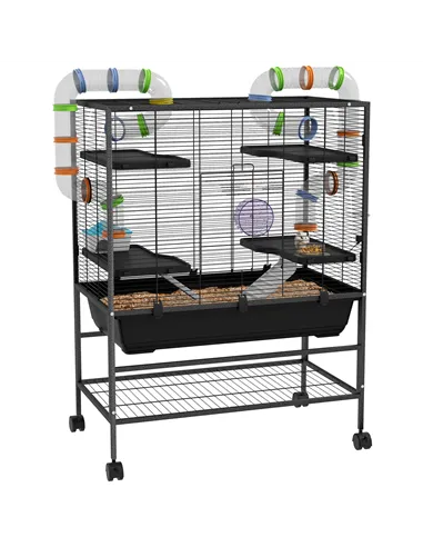 PawHut Large Hamster Cage, Gerbil Cage with Tubes, Storage Shelf, Ramps, Platforms, Running Wheel - Black