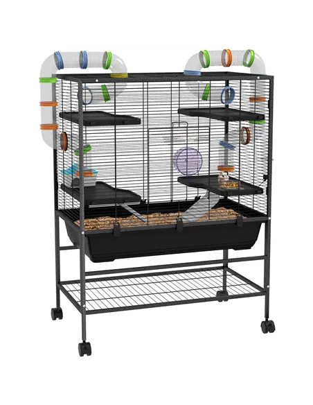 PawHut Large Hamster Cage, Gerbil Cage with Tubes, Storage Shelf, Ramps, Platforms, Running Wheel - Black