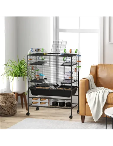 PawHut Large Hamster Cage, Gerbil Cage with Tubes, Storage Shelf, Ramps, Platforms, Running Wheel - Black