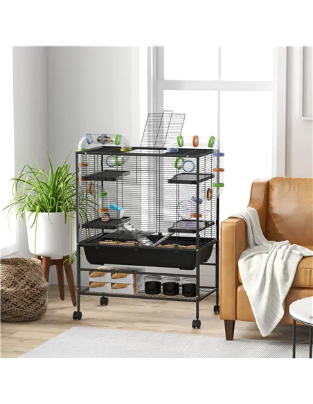 PawHut Large Hamster Cage, Gerbil Cage with Tubes, Storage Shelf, Ramps, Platforms, Running Wheel - Black