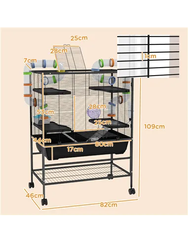 PawHut Large Hamster Cage, Gerbil Cage with Tubes, Storage Shelf, Ramps, Platforms, Running Wheel - Black