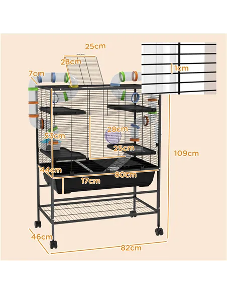 PawHut Large Hamster Cage, Gerbil Cage with Tubes, Storage Shelf, Ramps, Platforms, Running Wheel - Black