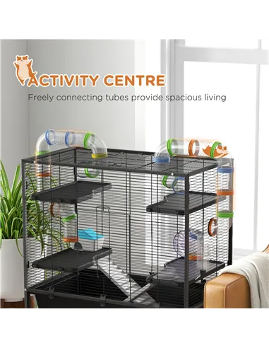 PawHut Large Hamster Cage, Gerbil Cage with Tubes, Storage Shelf, Ramps, Platforms, Running Wheel - Black