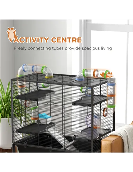 PawHut Large Hamster Cage, Gerbil Cage with Tubes, Storage Shelf, Ramps, Platforms, Running Wheel - Black