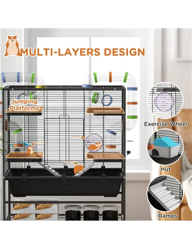 PawHut Large Hamster Cage, Gerbil Cage with Tubes, Storage Shelf, Ramps, Platforms, Running Wheel - Black