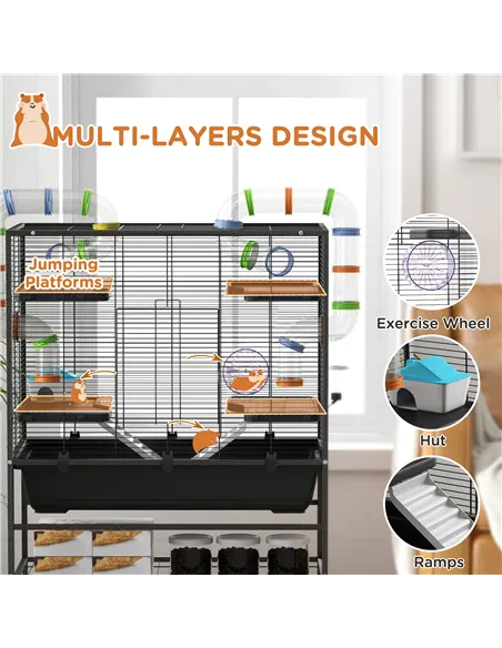 PawHut Large Hamster Cage, Gerbil Cage with Tubes, Storage Shelf, Ramps, Platforms, Running Wheel - Black