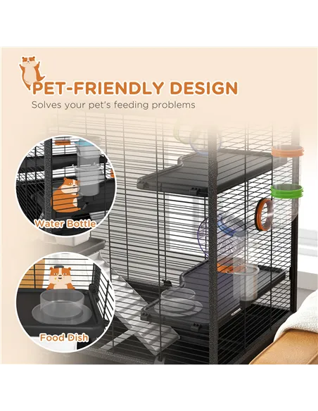 PawHut Large Hamster Cage, Gerbil Cage with Tubes, Storage Shelf, Ramps, Platforms, Running Wheel - Black