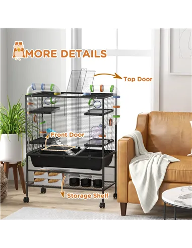 PawHut Large Hamster Cage, Gerbil Cage with Tubes, Storage Shelf, Ramps, Platforms, Running Wheel - Black