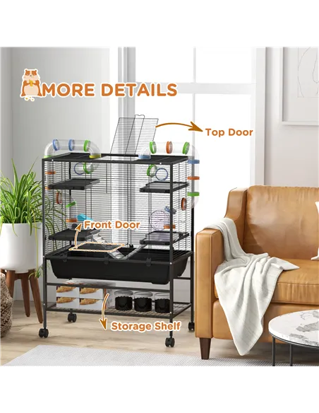 PawHut Large Hamster Cage, Gerbil Cage with Tubes, Storage Shelf, Ramps, Platforms, Running Wheel - Black