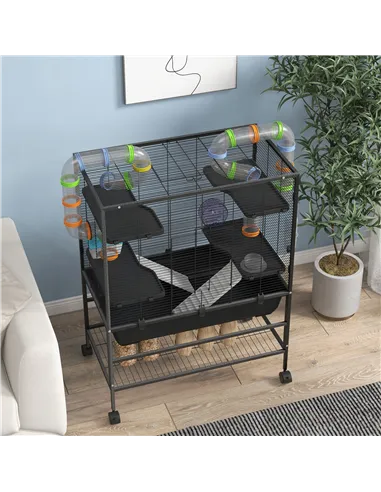 PawHut Large Hamster Cage, Gerbil Cage with Tubes, Storage Shelf, Ramps, Platforms, Running Wheel - Black