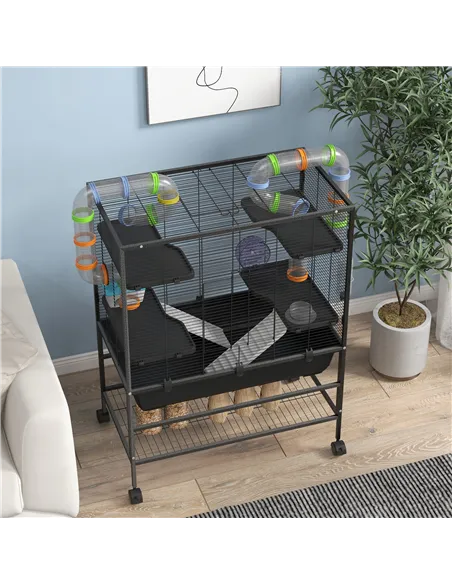 PawHut Large Hamster Cage, Gerbil Cage with Tubes, Storage Shelf, Ramps, Platforms, Running Wheel - Black