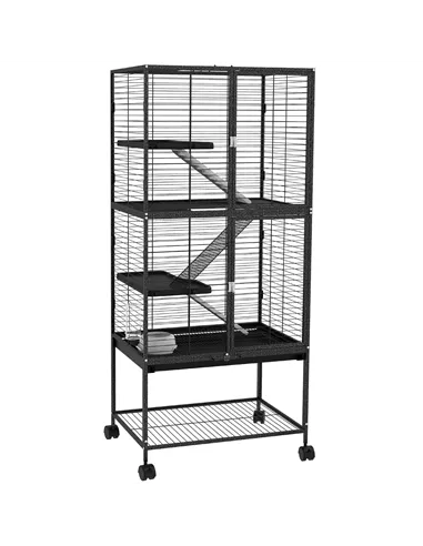 PawHut Rolling Chinchilla Cage, Small Animal Cage for Ferrets w/ Three Doors, Storage, Shelf, Tray Tray, Bowl, Water Bottle