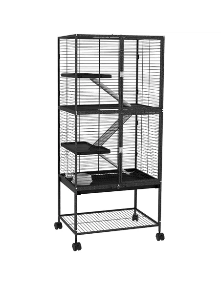 PawHut Rolling Chinchilla Cage, Small Animal Cage for Ferrets w/ Three Doors, Storage, Shelf, Tray Tray, Bowl, Water Bottle