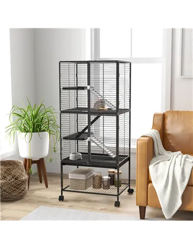PawHut Rolling Chinchilla Cage, Small Animal Cage for Ferrets w/ Three Doors, Storage, Shelf, Tray Tray, Bowl, Water Bottle