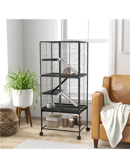 PawHut Rolling Chinchilla Cage, Small Animal Cage for Ferrets w/ Three Doors, Storage, Shelf, Tray Tray, Bowl, Water Bottle