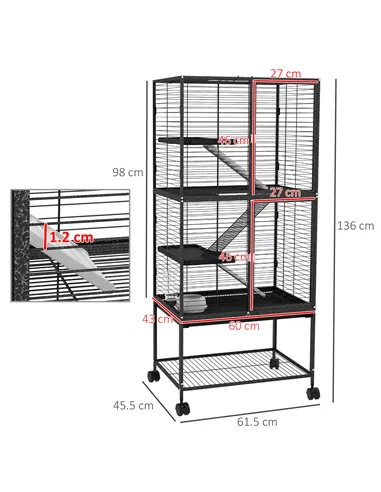 PawHut Rolling Chinchilla Cage, Small Animal Cage for Ferrets w/ Three Doors, Storage, Shelf, Tray Tray, Bowl, Water Bottle