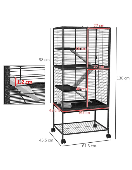 PawHut Rolling Chinchilla Cage, Small Animal Cage for Ferrets w/ Three Doors, Storage, Shelf, Tray Tray, Bowl, Water Bottle