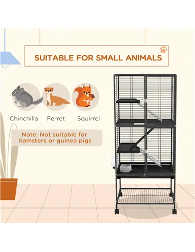 PawHut Rolling Chinchilla Cage, Small Animal Cage for Ferrets w/ Three Doors, Storage, Shelf, Tray Tray, Bowl, Water Bottle