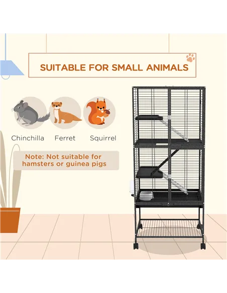 PawHut Rolling Chinchilla Cage, Small Animal Cage for Ferrets w/ Three Doors, Storage, Shelf, Tray Tray, Bowl, Water Bottle