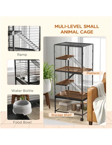 PawHut Rolling Chinchilla Cage, Small Animal Cage for Ferrets w/ Three Doors, Storage, Shelf, Tray Tray, Bowl, Water Bottle