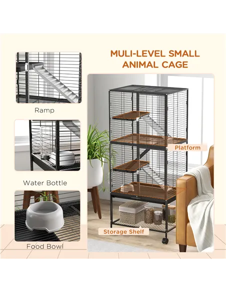 PawHut Rolling Chinchilla Cage, Small Animal Cage for Ferrets w/ Three Doors, Storage, Shelf, Tray Tray, Bowl, Water Bottle