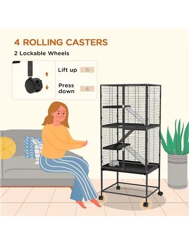 PawHut Rolling Chinchilla Cage, Small Animal Cage for Ferrets w/ Three Doors, Storage, Shelf, Tray Tray, Bowl, Water Bottle