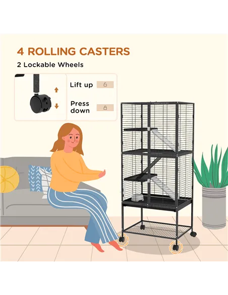 PawHut Rolling Chinchilla Cage, Small Animal Cage for Ferrets w/ Three Doors, Storage, Shelf, Tray Tray, Bowl, Water Bottle
