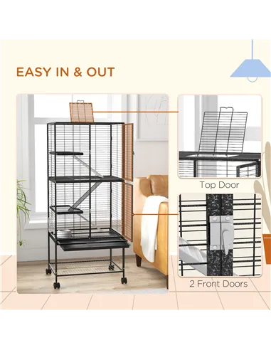 PawHut Rolling Chinchilla Cage, Small Animal Cage for Ferrets w/ Three Doors, Storage, Shelf, Tray Tray, Bowl, Water Bottle
