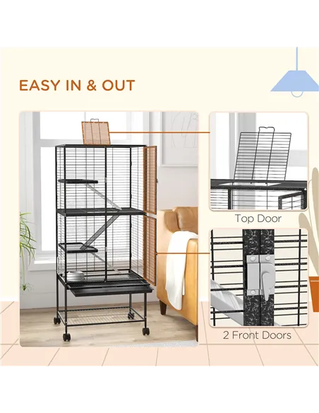 PawHut Rolling Chinchilla Cage, Small Animal Cage for Ferrets w/ Three Doors, Storage, Shelf, Tray Tray, Bowl, Water Bottle