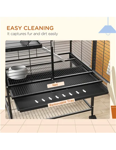 PawHut Rolling Chinchilla Cage, Small Animal Cage for Ferrets w/ Three Doors, Storage, Shelf, Tray Tray, Bowl, Water Bottle