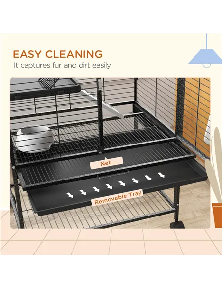 PawHut Rolling Chinchilla Cage, Small Animal Cage for Ferrets w/ Three Doors, Storage, Shelf, Tray Tray, Bowl, Water Bottle