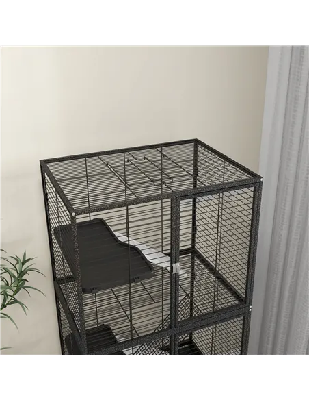 PawHut Rolling Chinchilla Cage, Small Animal Cage for Ferrets w/ Three Doors, Storage, Shelf, Tray Tray, Bowl, Water Bottle