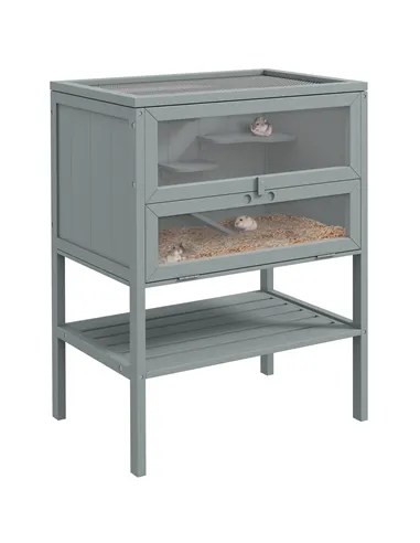 PawHut Wooden Hamster Cage 3 Tier House w/ Storage Shelf, Openable Top for Gerbils, Grey