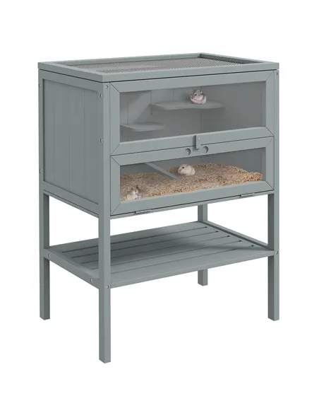 PawHut Wooden Hamster Cage 3 Tier House w/ Storage Shelf, Openable Top for Gerbils, Grey