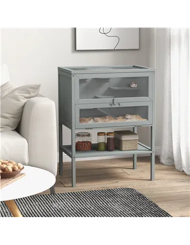 PawHut Wooden Hamster Cage 3 Tier House w/ Storage Shelf, Openable Top for Gerbils, Grey