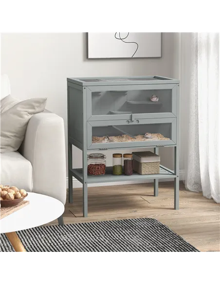 PawHut Wooden Hamster Cage 3 Tier House w/ Storage Shelf, Openable Top for Gerbils, Grey