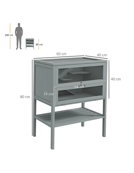PawHut Wooden Hamster Cage 3 Tier House w/ Storage Shelf, Openable Top for Gerbils, Grey