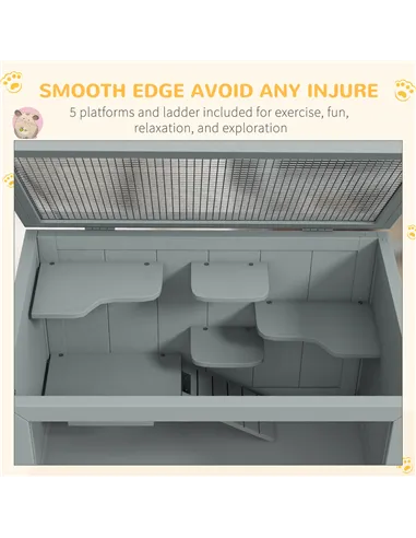 PawHut Wooden Hamster Cage 3 Tier House w/ Storage Shelf, Openable Top for Gerbils, Grey