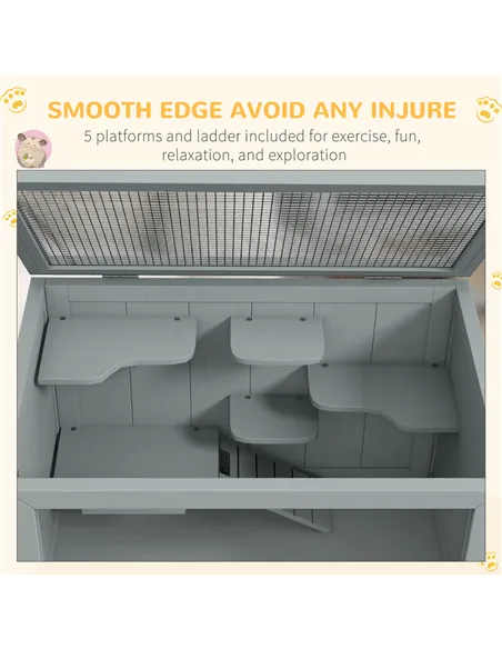 PawHut Wooden Hamster Cage 3 Tier House w/ Storage Shelf, Openable Top for Gerbils, Grey