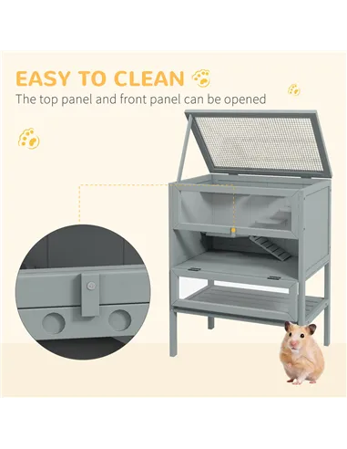 PawHut Wooden Hamster Cage 3 Tier House w/ Storage Shelf, Openable Top for Gerbils, Grey