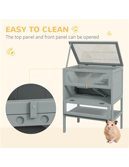 PawHut Wooden Hamster Cage 3 Tier House w/ Storage Shelf, Openable Top for Gerbils, Grey