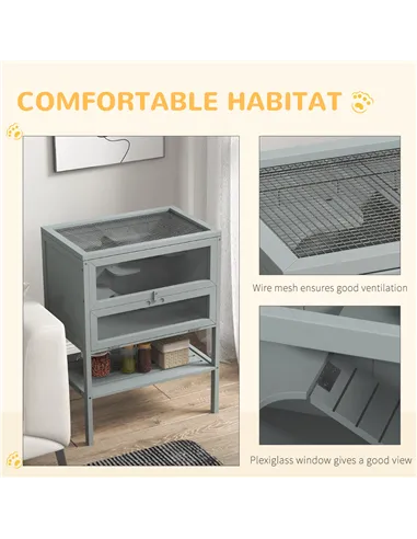 PawHut Wooden Hamster Cage 3 Tier House w/ Storage Shelf, Openable Top for Gerbils, Grey