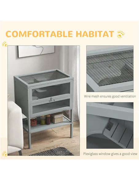 PawHut Wooden Hamster Cage 3 Tier House w/ Storage Shelf, Openable Top for Gerbils, Grey