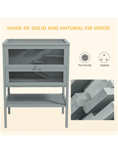 PawHut Wooden Hamster Cage 3 Tier House w/ Storage Shelf, Openable Top for Gerbils, Grey